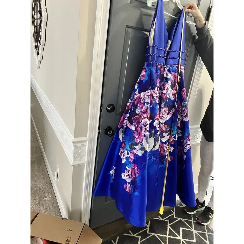 Ellie Wilde Mon Cheri EW118006 Blue V-neck A-line Floral Gown Prom 16/18* Read